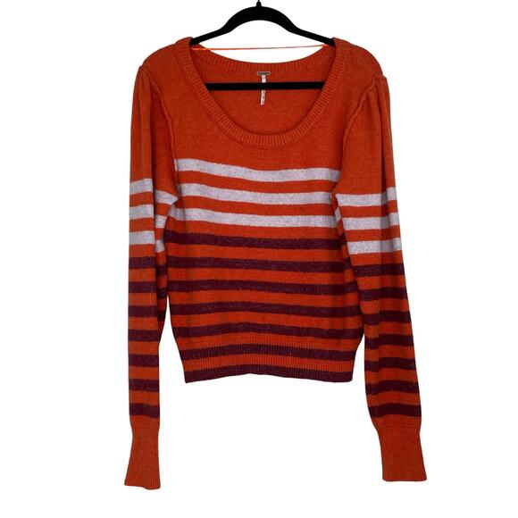 Free People orange striped round neck pullover sweater size Medium Alpaca blend - Picture 1 of 12